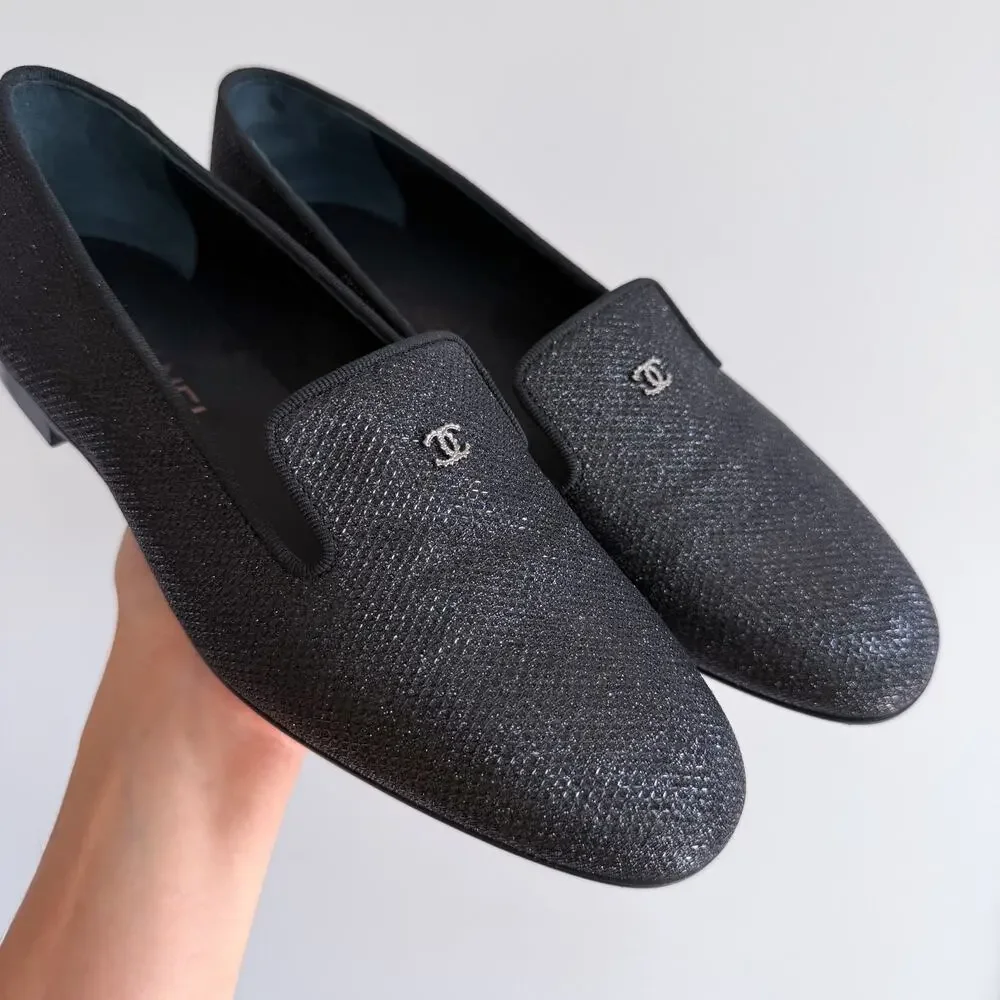 Chanel Interlocking CC Logo Glitter Slip On Loafer Flats Black 9 NEW